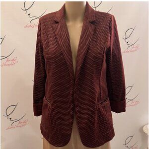 Skies Are Blue. Size Small. Burgundy Knit Jacket. Open Front. Polka Dot. B129